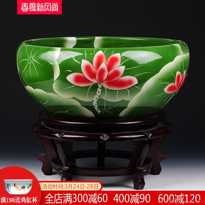 Collectors jingdezhen chinaware lotus goldfish turtle cylinder water lily refers to flower pot decorative furnishing articles large