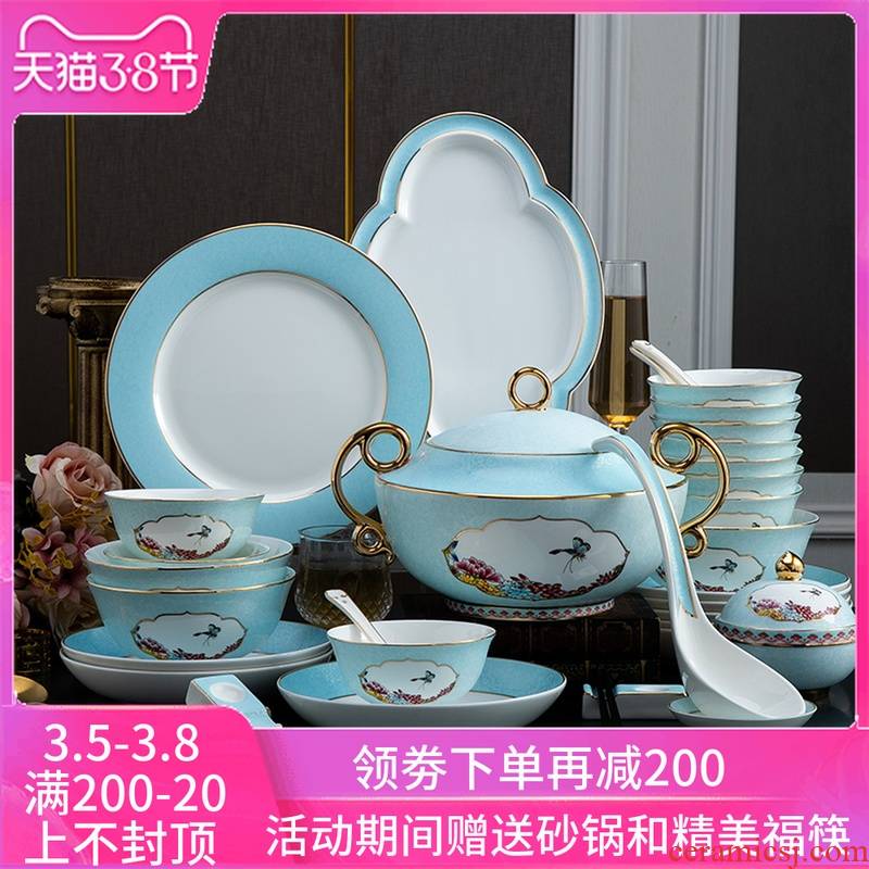 Jingdezhen ceramics dishes suit household European - style light colored enamel porcelain tableware ipads key-2 luxury high - grade gift set of bowl