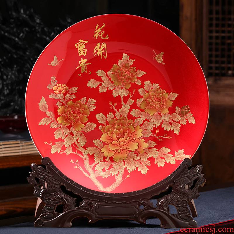 Peony hang dish of jingdezhen ceramics handicraft decorative plate Chinese style household decorates porch office furnishing articles