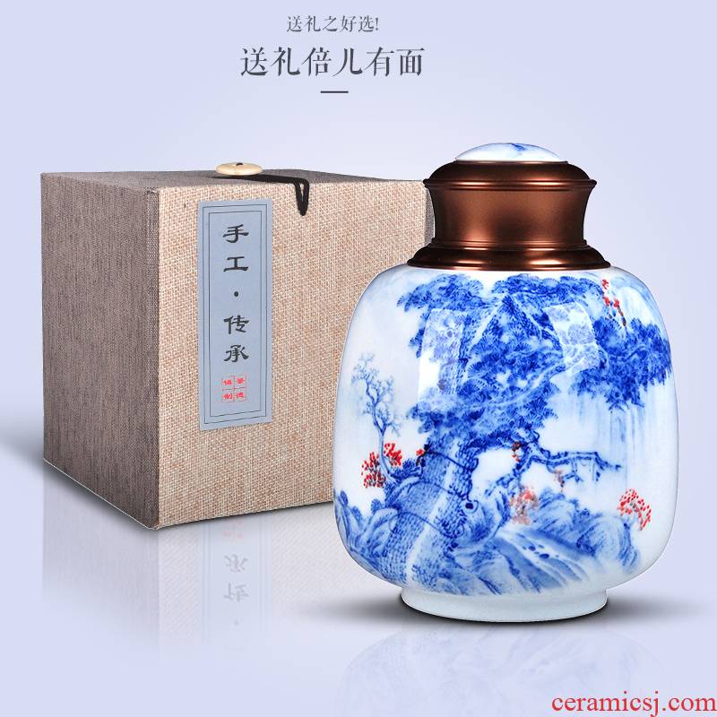 Blue and white porcelain tea pot ceramic POTS large storage half jins of household storage sealed as cans of pu 'er tea to wake receives gift box