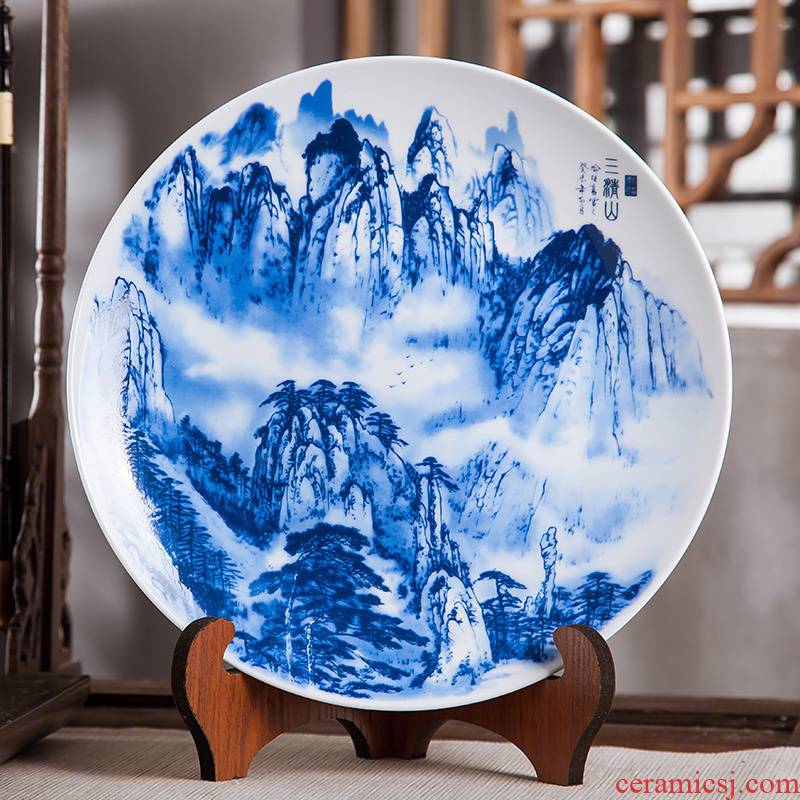 Jingdezhen ceramics furnishing articles hanging dish home decoration crafts mountain wine blue - and - white decoration plate