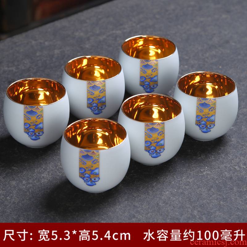 Blue and white porcelain paint 24 k Jin Gongfu tea cups checking ceramic gold sample tea cup single household purple