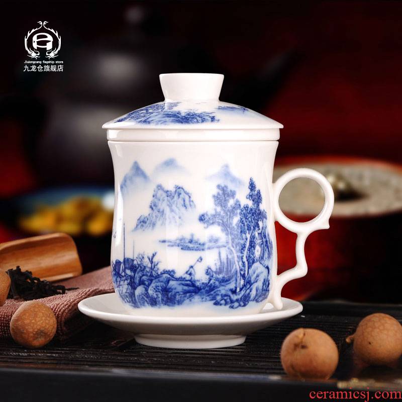 DH jingdezhen blue and white porcelain cup with cover household filter tea mugs office keller cup tea set
