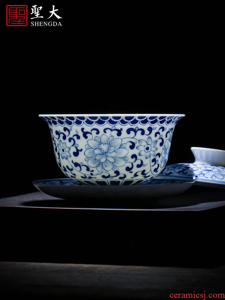 The large ceramic three tureen teacups hand - made jingdezhen blue and white flower grain tea bowl bound branches all hand tea sets