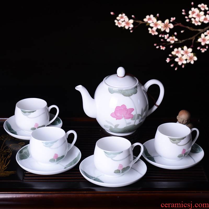 Under the liling glaze colorful tea set with cups and saucers hand - made with nine heads lotus lotus pond moonlight. A complete set of gift porcelain