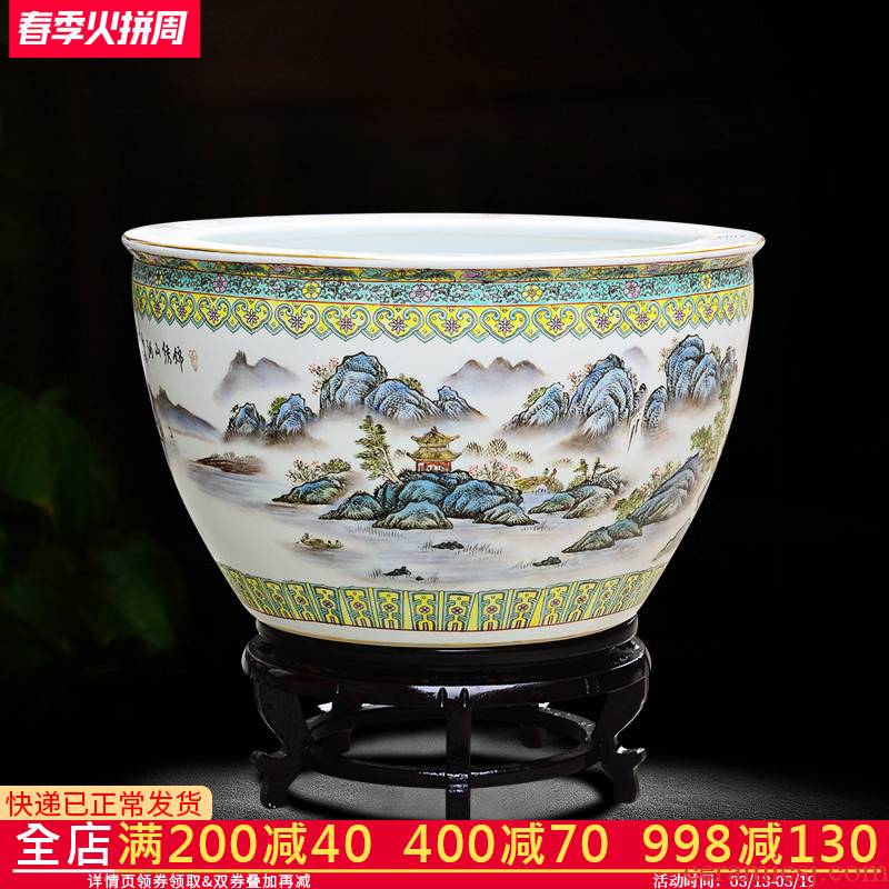 Jingdezhen ceramic hand - made tank sitting room place the calligraphy and painting cylinder large fish bowl goldfish bowl lotus flower pot FCG