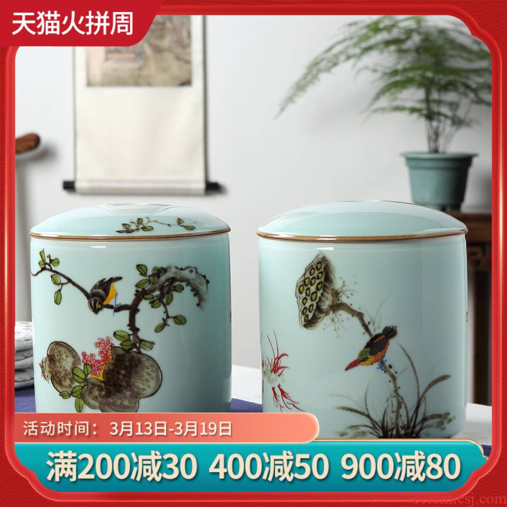 Jingdezhen ceramics storage tank furnishing articles hand - made shadow celadon pu 'er tea pot of new Chinese style household decoration