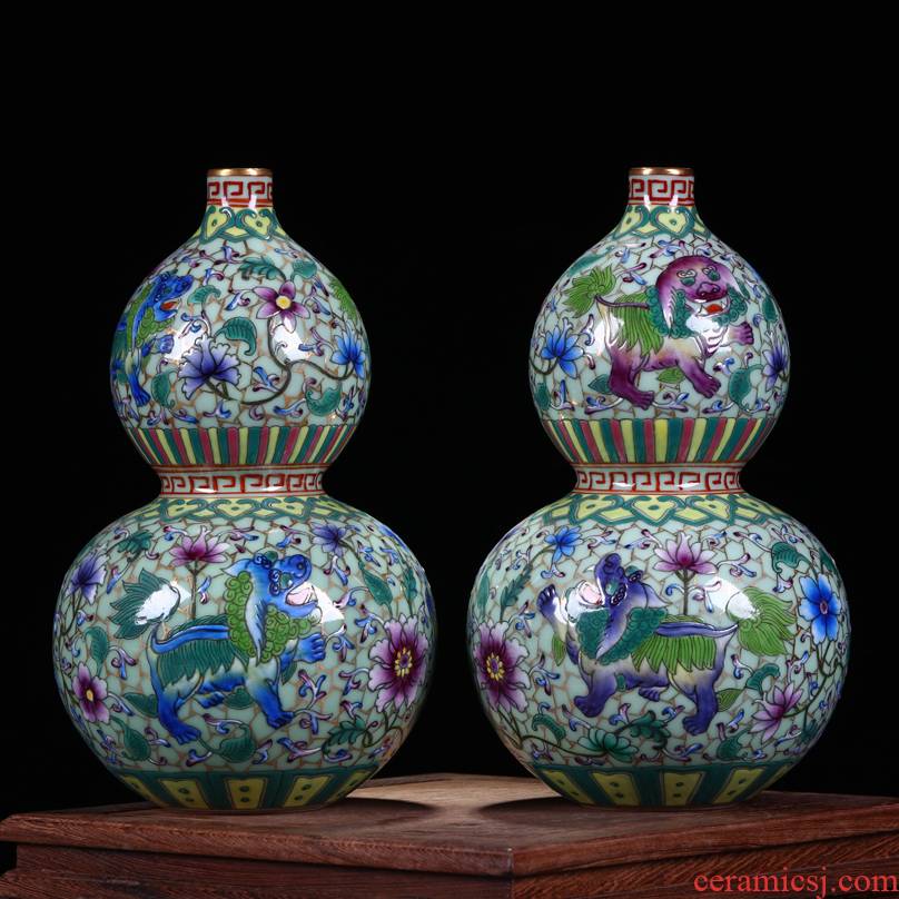 Jingdezhen ceramics antique hand - made colored enamel paint kirin gourd bottle of Chinese style living room porch decorate furnishing articles