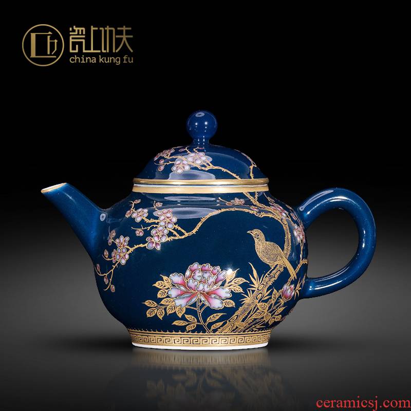 Jingdezhen ceramic tea set with parts ji blue glaze see hand - made painting of flowers and enamel teapot ewer single pot by hand