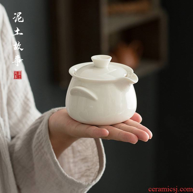 Dehua lard white porcelain ceramic teapot kung fu tea tureen bowl with a filter only three bowls of household hand grasp pot