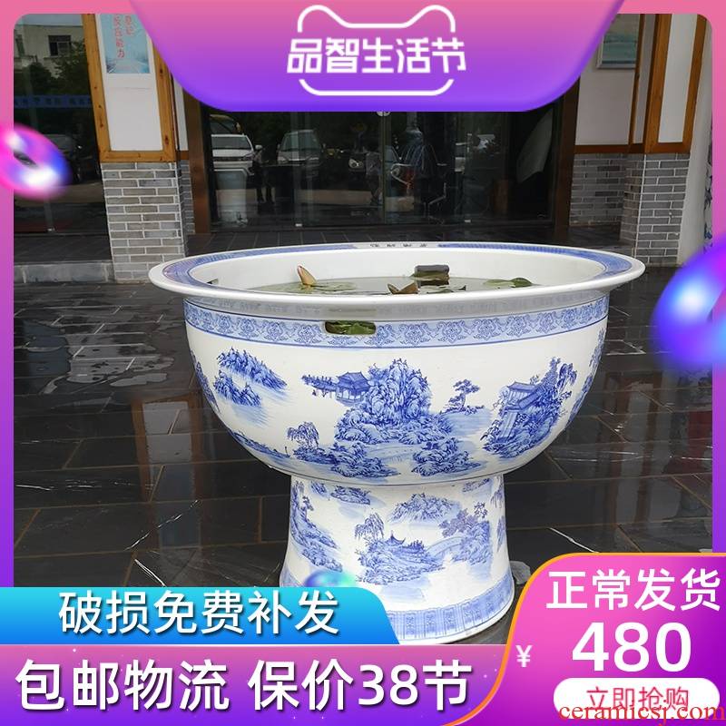 Jingdezhen ceramics column koi fish tanks of large cylinder cylinder water lily basin blue and white landscape is suing the fish tank