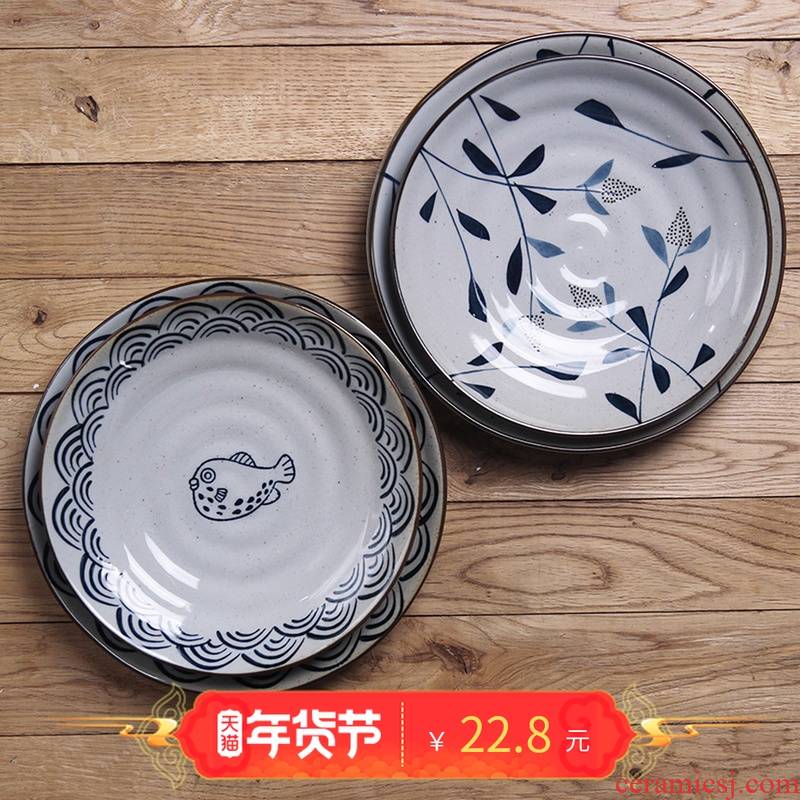 Four seasons and the wind under the glaze color hand - made ceramic tableware move coarse ceramic disc FanPan flat dish plate