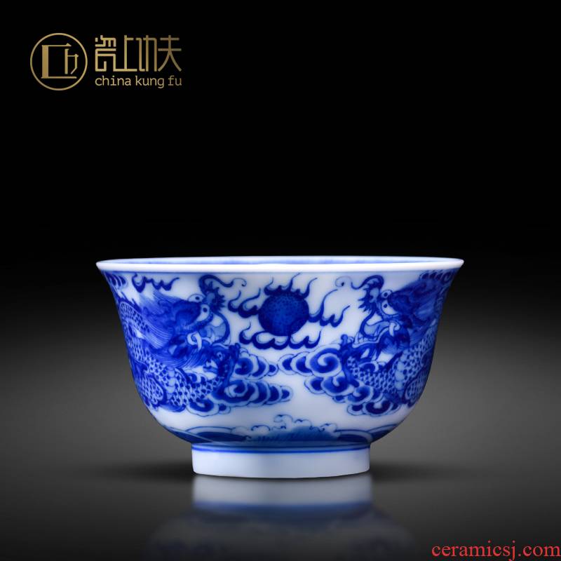 Jingdezhen blue and white dragon playing pearl grain ceramic hand - made the master sample tea cup cup single CPU kung fu tea custom