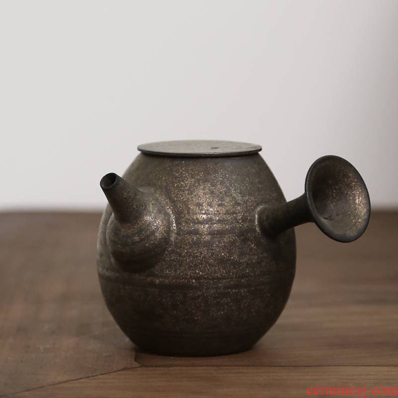 Undressed ore metal glaze Japanese coarse pottery pot teapot side lasts a pot of ceramic kung fu tea set household teapot trumpet