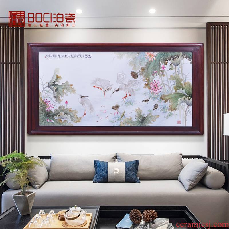 Jingdezhen ceramic porcelain plate painting full hand egrets lotus I household adornment horizontal version painting murals calligraphy and painting
