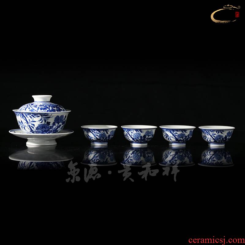 Beijing DE and auspicious jingdezhen blue and white flower high Joe tureen hand - made suit set of ceramic tea set gift box packaging