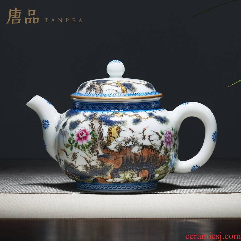 Colored enamel pine crane live teapot jingdezhen ceramic teapot pine crane, large single pot of kung fu tea set