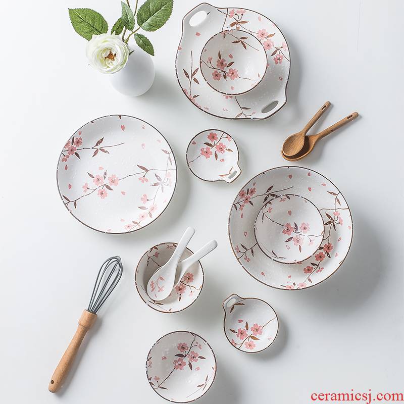 Japanese cherry blossom put ceramic tableware porcelain household 0 simple deep dish new fish the flat disc dumplings plate combination