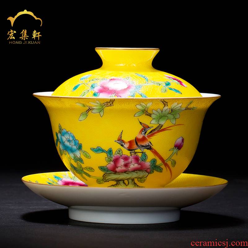 Jingdezhen ceramics tureen teacups hand - made pastel large three cup see colour tea bowl bowl manual pick flowers