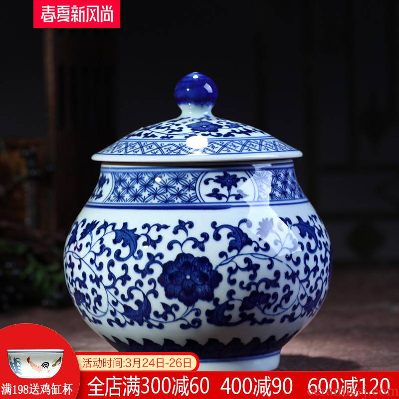 Jingdezhen ceramics antique blue - and - white five good big FuWu auspicious to build storage tank caddy fixings cover home furnishing articles
