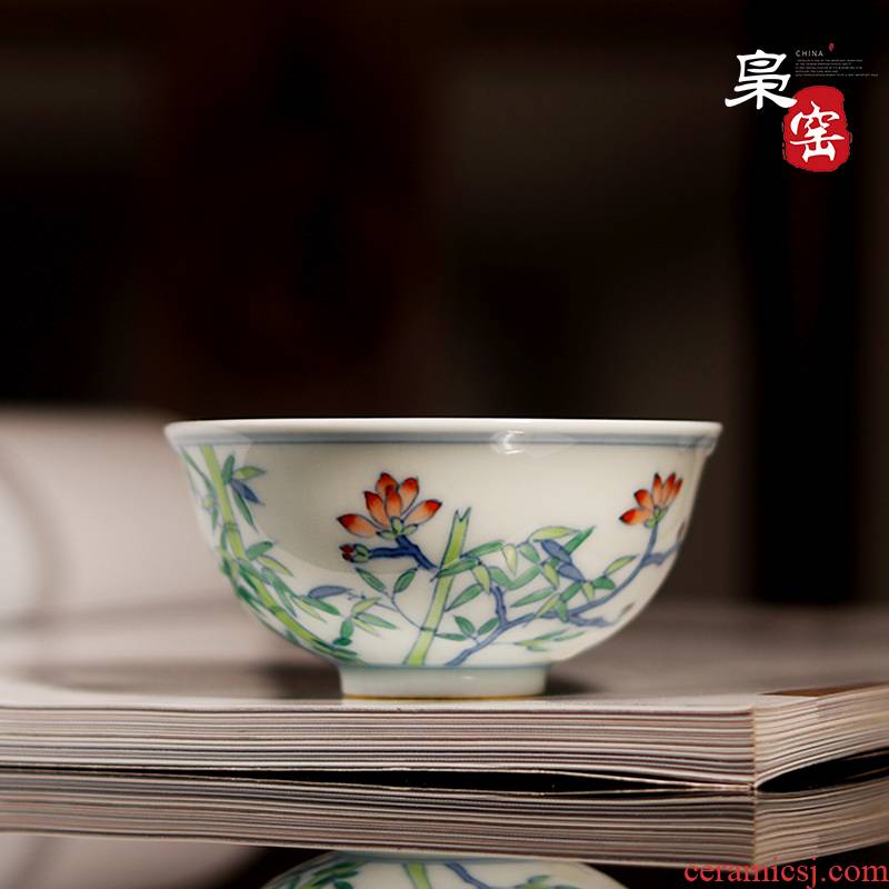 Owl up jingdezhen hand - made teacup chenghua individual fights colorful tea cup checking ceramic, bamboo lotus simple but elegant small cup
