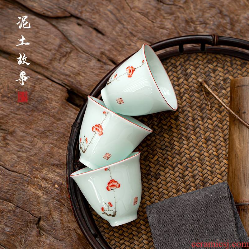 Earth story hand - made shadow green name plum flower kung fu tea cups fragrance - smelling cup ceramic masters cup single individual tea cup