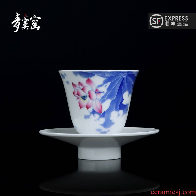 Up with jingdezhen ceramic green was bucket color hand - made single CPU kung fu tea cups with glass cup mat masters cup is small