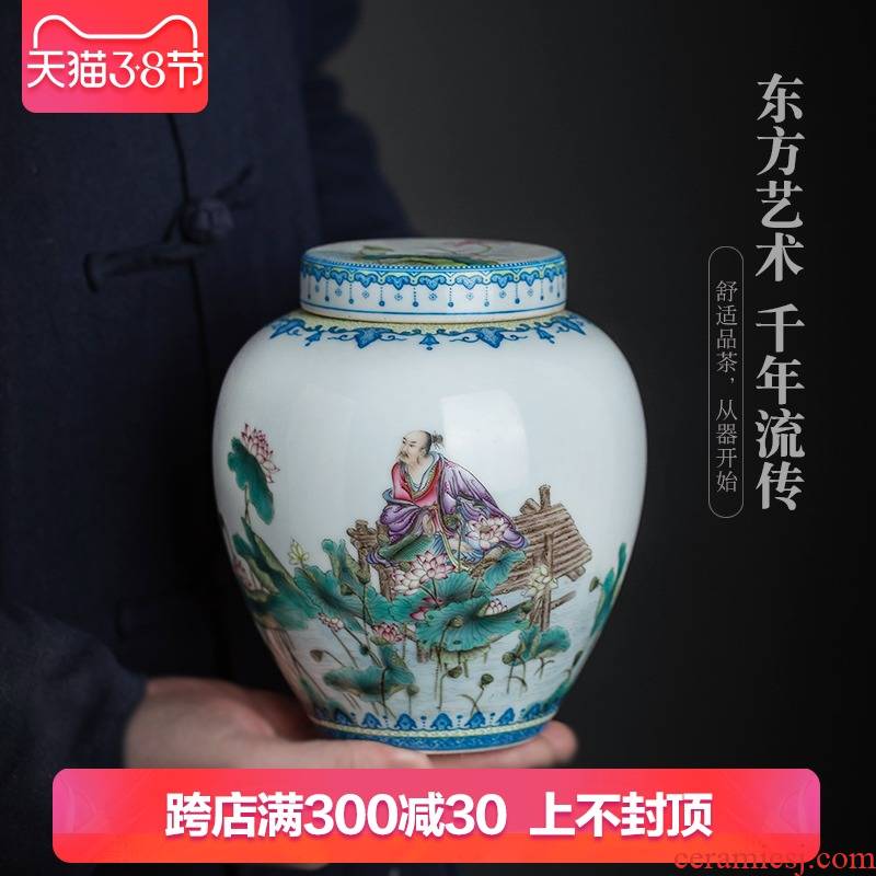 Jingdezhen ceramic all hand - made pastel oi - Lin pu 'er tea pot lid can receive storage of poetry collection of tea