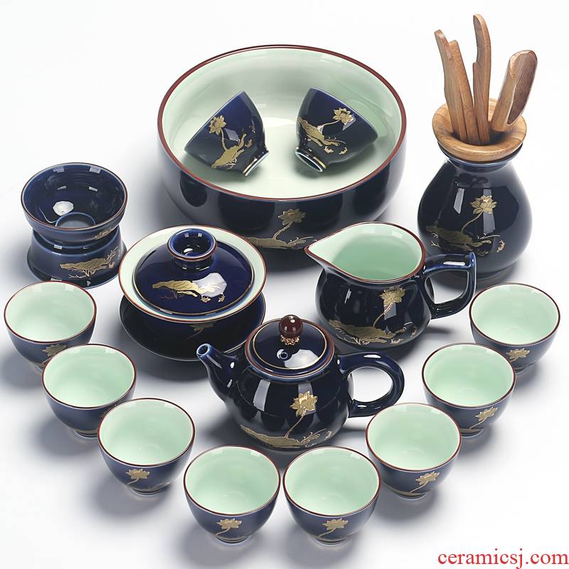 Household kung fu tea set of a complete set of blue and white porcelain teapot teacup group ji blue glaze paint lotus ceramic tea set