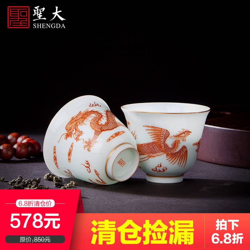 Holy big ceramic kung fu masters cup hand - made alum cups red paint longfeng sample tea cup all hand of jingdezhen tea service
