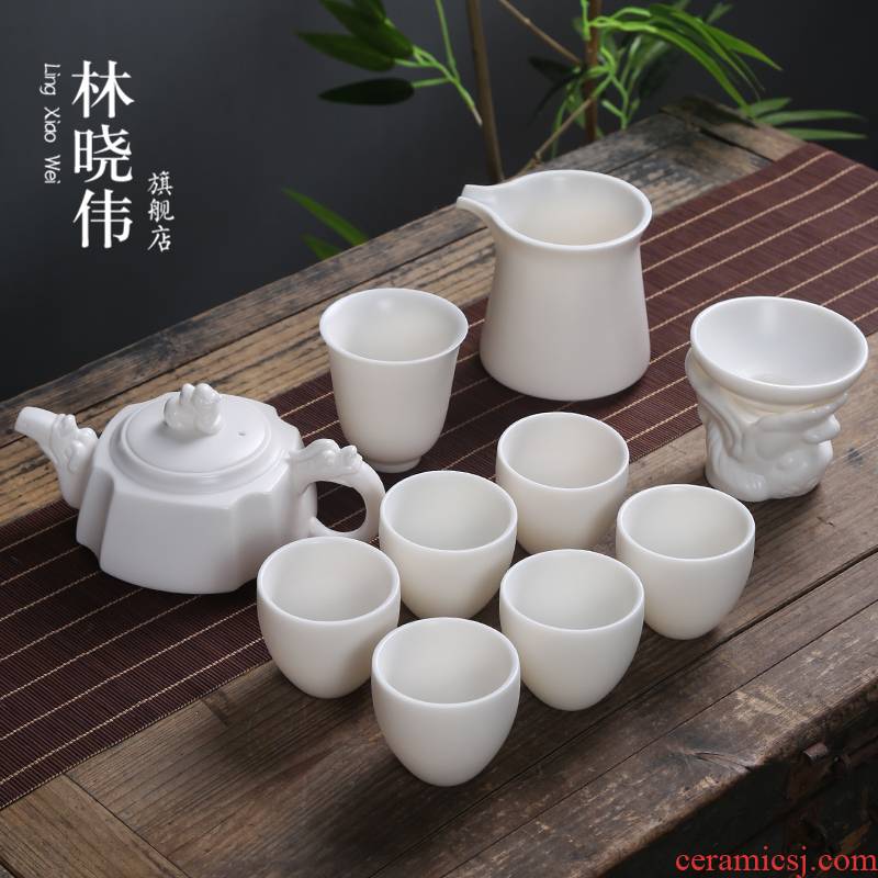 Lin Xiaowei dehua suet white porcelain contracted Chinese kung fu tea set home tea pot lid bowl of a complete set of tea cups