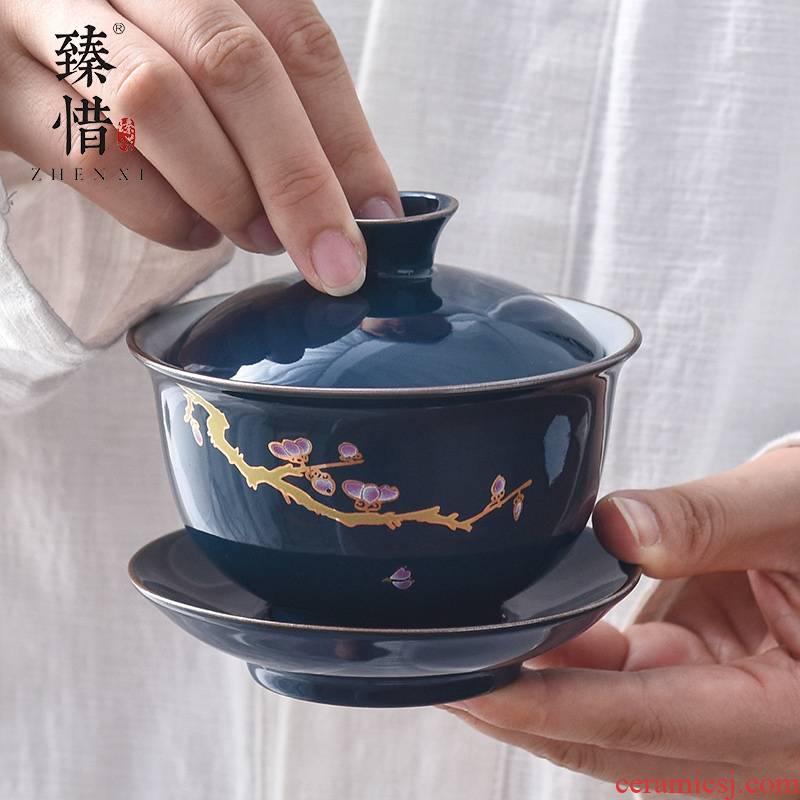 Become precious little ji blue ceramic tureen household kung fu tea set three to tureen tea bowl of tea bowl, by hand