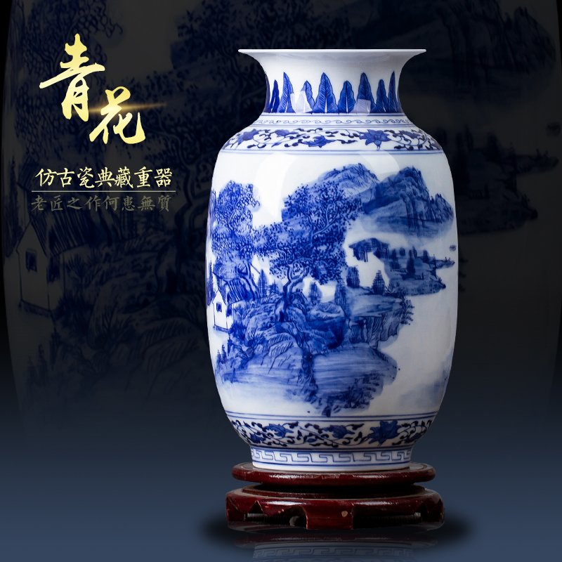Jingdezhen ceramics in the antique blue and white porcelain vase landscape, flower arrangement sitting room adornment of Chinese style household furnishing articles