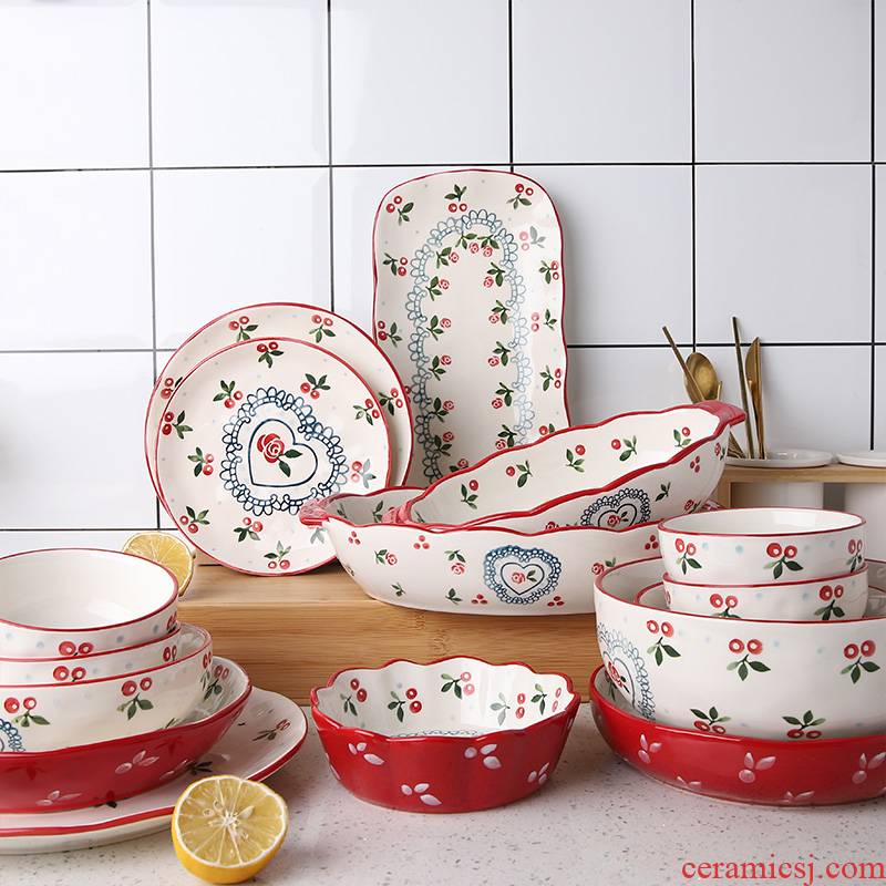 Lovely hand - made cherry ceramic dishes suit household jobs rainbow such as bowl dish dish soup bowl fish dish teaspoons of cutlery set