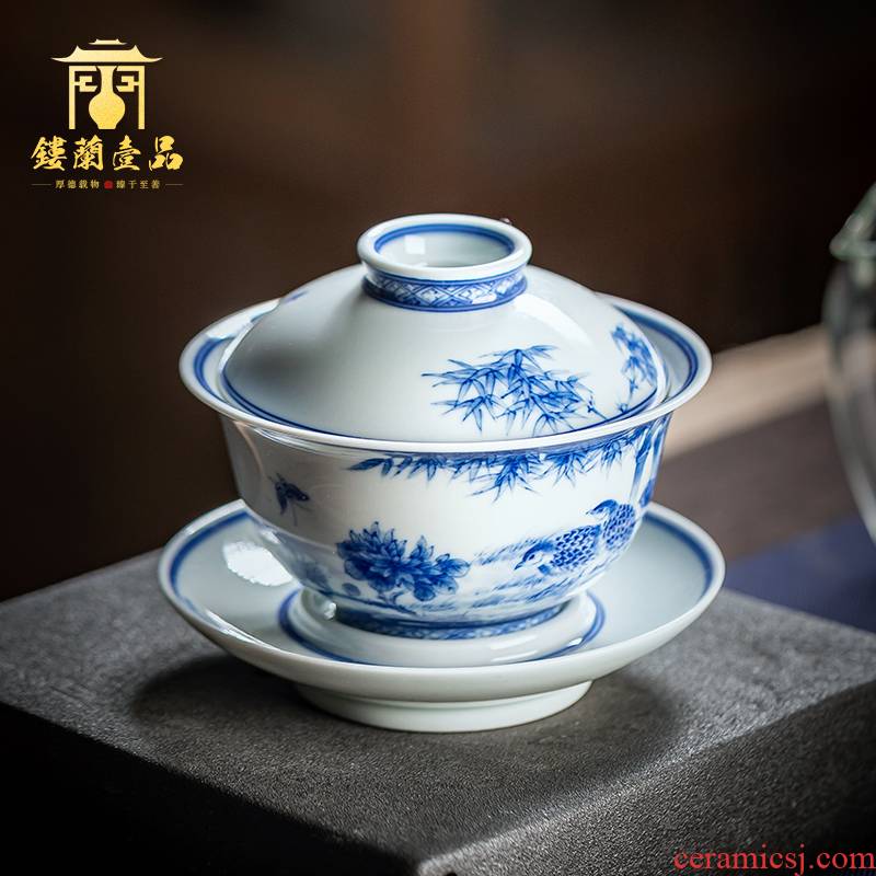 Jingdezhen blue and white maintain ceramic painting of flowers and three only a single large household kung fu tea tea bowl cups tureen