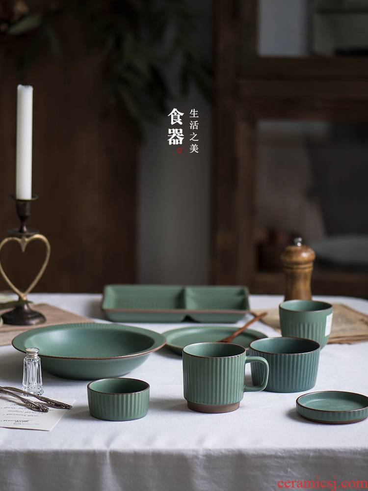 Lototo Japanese ceramics tableware retro flat bowl household rainbow such use salad bowl fish plates mugs cups