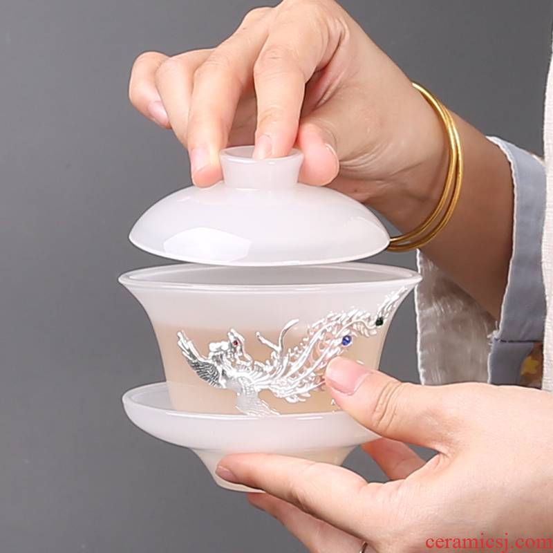 China Qian suet jade porcelain tureen only three big bowl tea saucer white ceramic glass colored glaze kung fu tea accessories