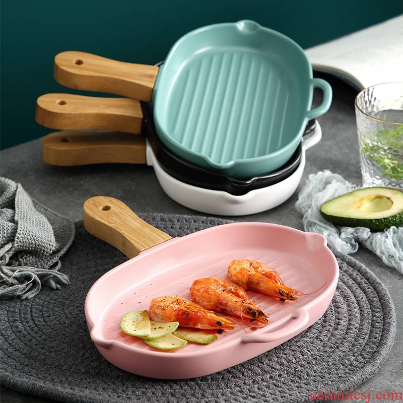 Contracted creative northern wind baking plate ceramic household kitchen dishes with handle food dish prevent hot black pepper steak