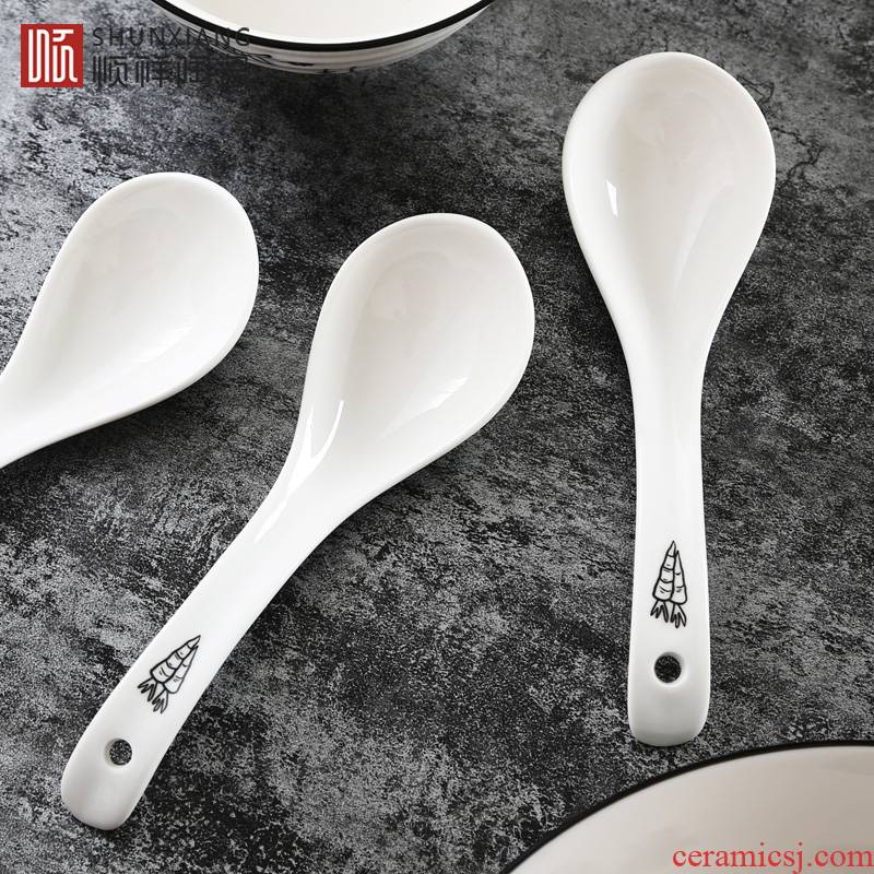 Shun auspicious ceramics small soup spoon, pure white rice ladle spoons household Japanese creative lovely long handle soup seasoning tablespoons