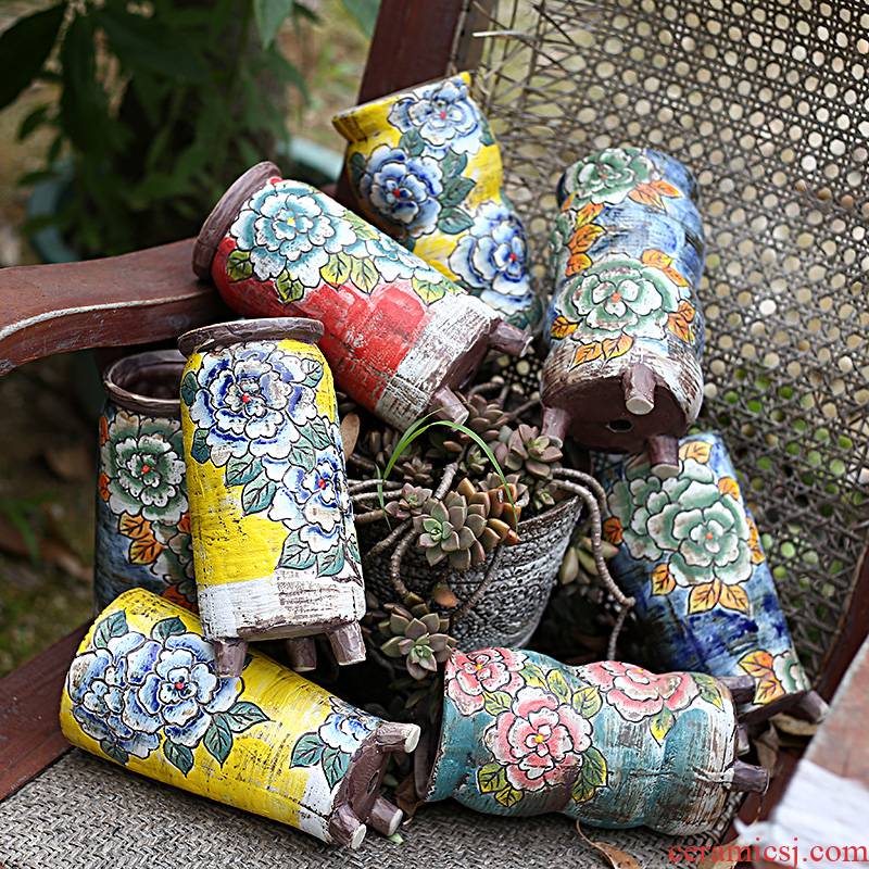 Meaty plant POTS Korean hand - made China ceramic coarse pottery breathable small wind old high mage, fleshy flower pot