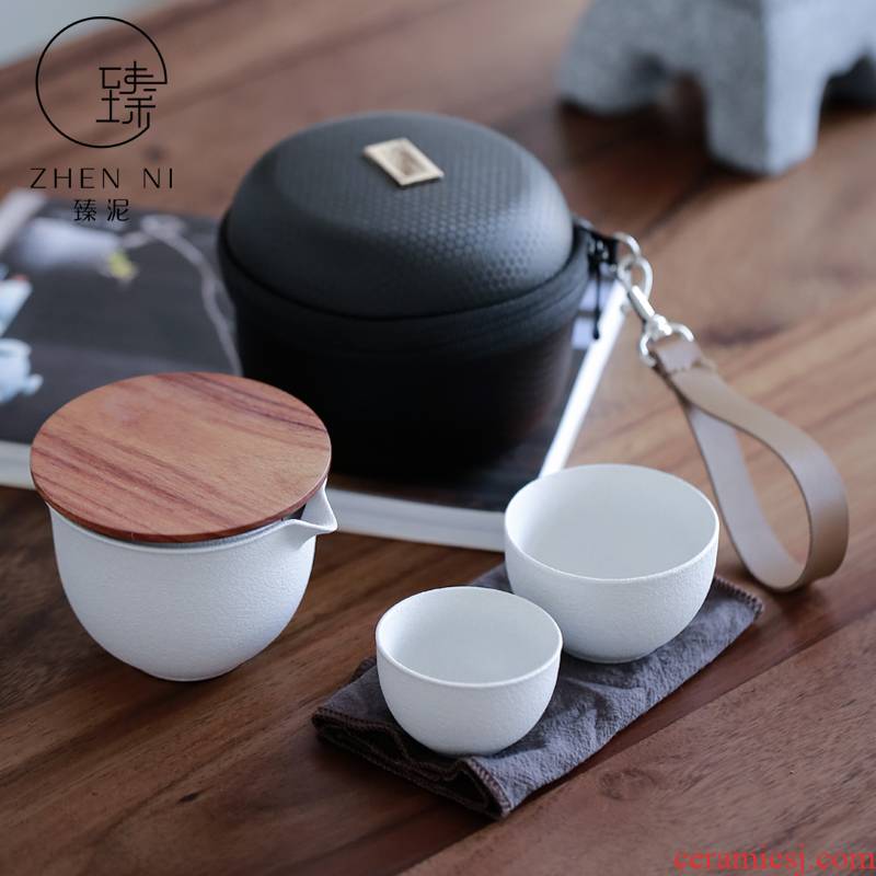 "Japanese travel tea set ceramic mud crack cup a pot of two cups of portable is suing teapot kung fu tea set