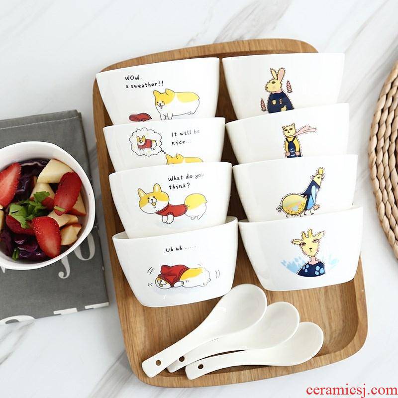 4.5 rice With soup bowl spoon, tableware suit inches square household ceramic salad bowl bowl a Nordic creative 8