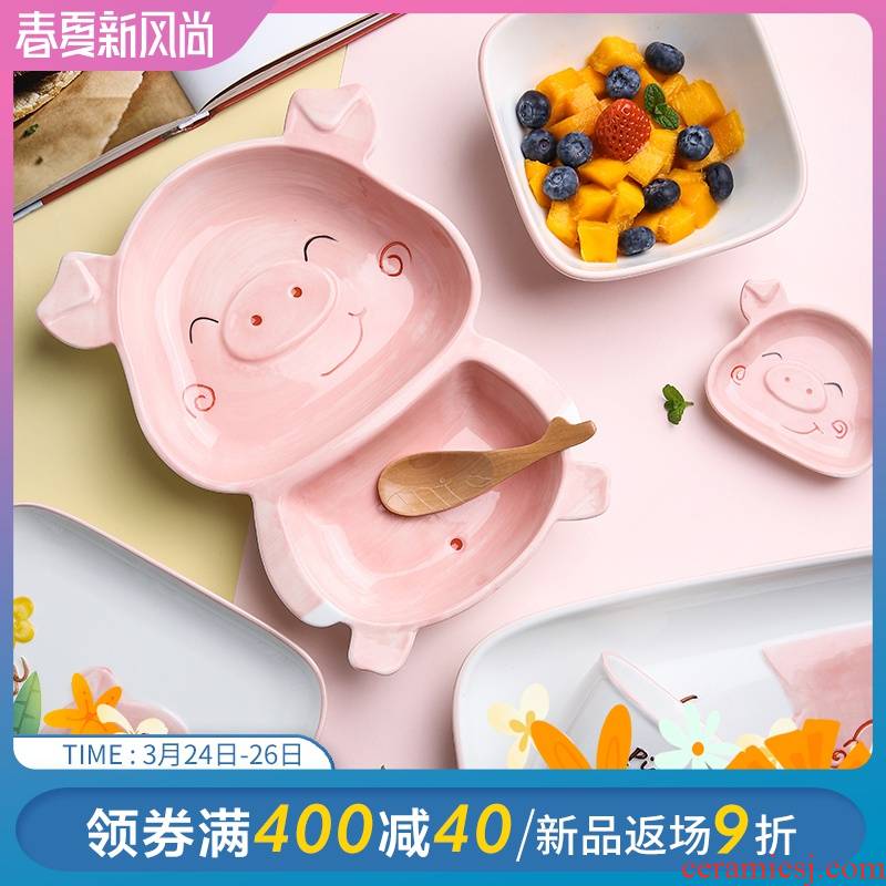 Selley express cartoon ceramic tableware plate household creative pig baby food dish bowl frame plate for breakfast