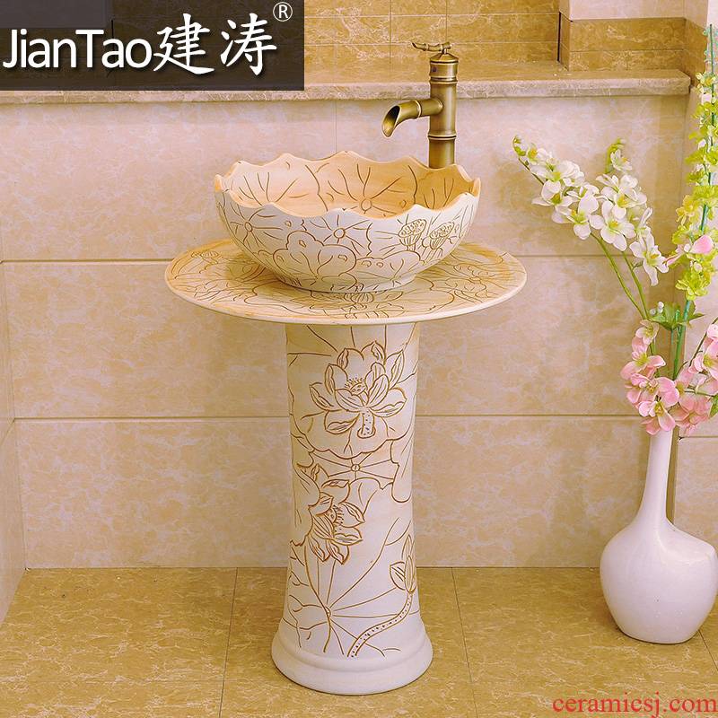 Ceramic floor pillar basin one - piece basin art carved lotus lavabo balcony column type lavatory