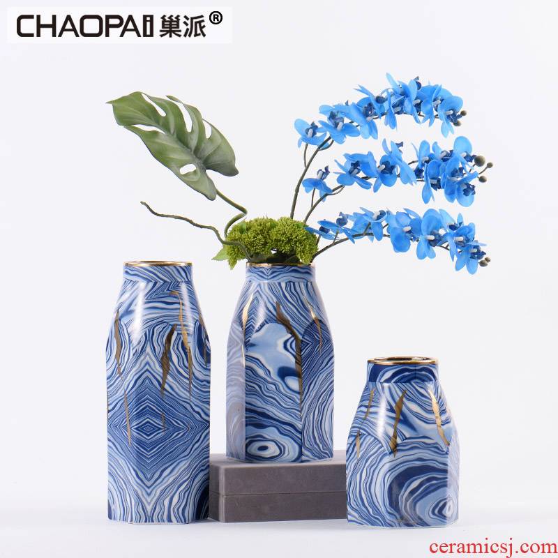 Modern Chinese style blue ceramic flower vases furnishing articles creative club hotel rooms soft adornment bedroom to study
