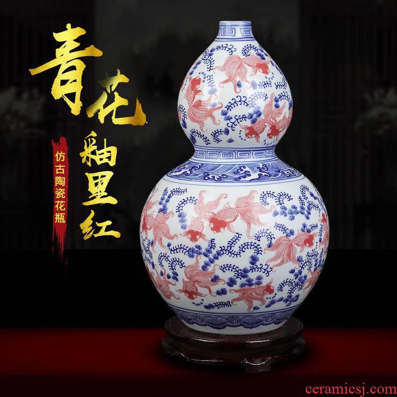 Jingdezhen ceramics antique vase blue - and - white youligong feng shui gourd home furnishing articles collectables - autograph sitting room adornment
