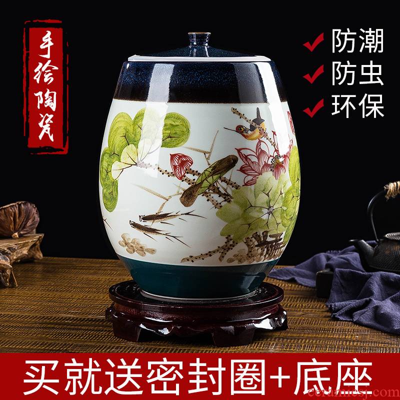 Jingdezhen barrel ricer box ceramics with cover 10 20 30 to 50 kilo to seal insect - resistant moisture storage tank hand - made