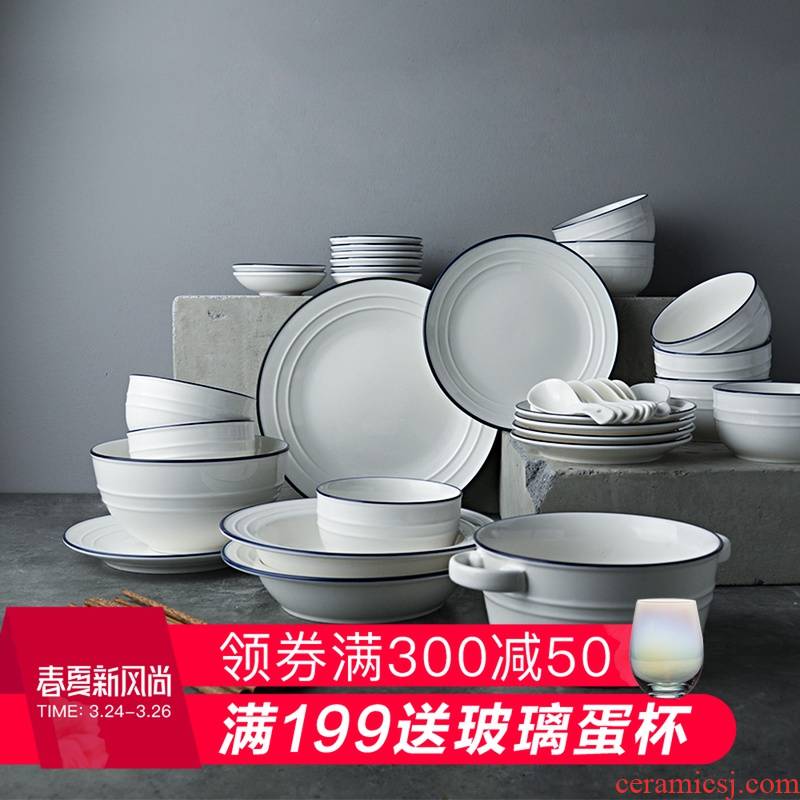 Eat BB round wire ceramic tableware suit household white blue line dishes dish soup bowl disk to use