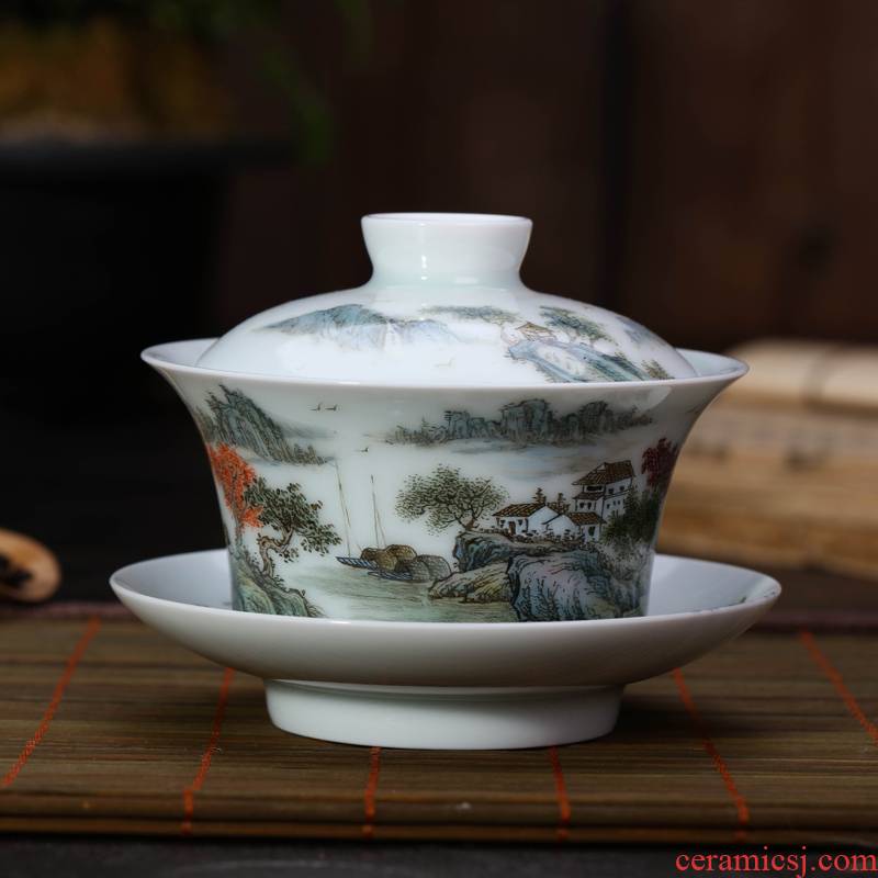 Offered home - cooked tureen ceramic tea set in hand - made pastel only three bowl of jingdezhen porcelain tea tea bowl of pure manual