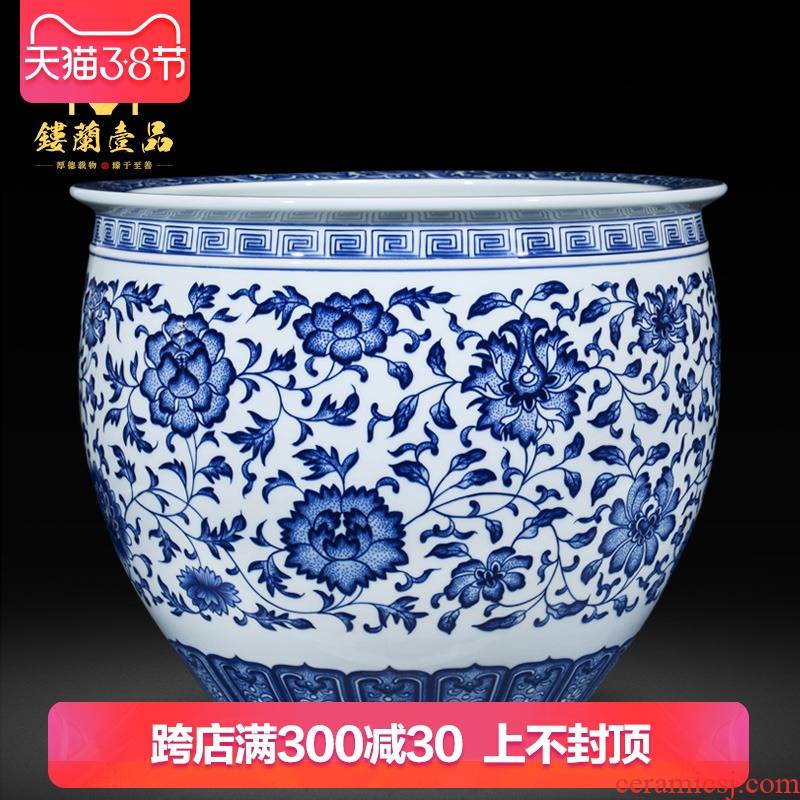 Jingdezhen ceramic high copy qianlong blue tie up lotus flower pattern painting and calligraphy cylinder of new Chinese style living room vase collection furnishing articles